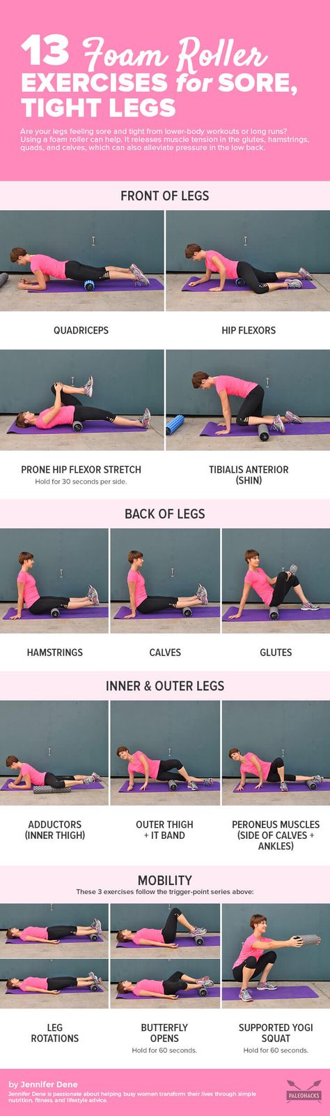 Are your legs feeling sore and tight from lower-body workouts or long runs? Using a foam roller can help. Get the full workout here: http://paleo.co/foamrollerleg Foam Roller Stretches, Roller Stretches, Roller Exercises, Roller Workout, Foam Roll, Foam Roller Exercises, Tight Hip Flexors, Hip Flexor Stretch, Foam Rollers