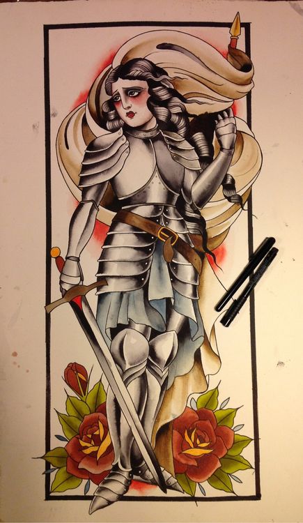 ALIX GE TATTOO Joan Of Art Tattoo, Joan D Arc, Saint Tattoo, Knight Tattoo, Saint Joan Of Arc, Traditional Flash, Old School Tattoo Designs, Pin Up Tattoos, Traditional Tattoo Art