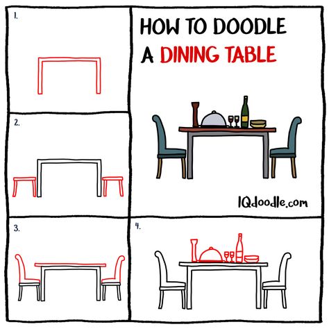 Table Drawing Easy, Dining Table Drawing, Table Doodle, Charts Design, Table Sketch, How To Doodle, Doodle A, Chair Drawing, Sketch Note