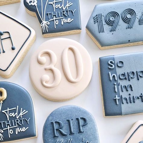 Cookie Therapy on Instagram: "Such a fun 30th birthday set! With all the jokes.  . . . . . #30thbirthday #30thbirthdaycookies #talkthirtytome #sohappyimthirty #sugarcookiesofinstagram #cookiesofinstagram #royalicing #royalicingcookies #birthdaycookies #1994" 30th Bday Cookies Women, 30th Birthday Cookies For Men, 30 Years Birthday Cake, Cookies 30th Birthday, Sugar Cookie Designs Birthday, 30 Birthday Cookies, 30s Birthday Party Ideas, 30th Birthday Cookies, Men 30th Birthday