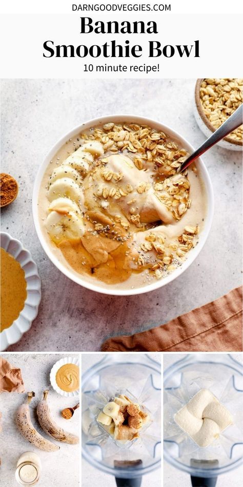 This easy recipe for a Banana Smoothie Bowl is luxuriously creamy and perfectly sweet. Add toppings like granola and peanut butter for a healthy breakfast or snack! Easy Banana Smoothie, Peanut Butter Smoothie Bowl, Smoothie Bowl Toppings, Banana Oat Smoothie, Smoothie Bowl Recipe Healthy, Gluten Free Recipes For Lunch, Banana Apple Smoothie, Vegan Smoothie Bowl, Acai Bowls Recipe