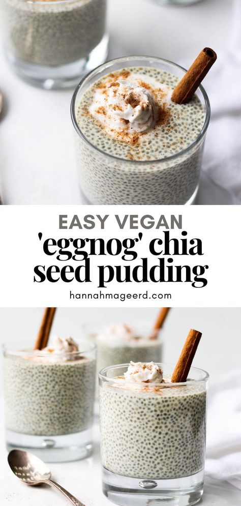 This quick and easy Eggnog Chia Pudding is the perfect way to enjoy a holiday classic as a healthy breakfast or snack! It’s vegan, gluten-free and totally delicious. Oh, and it only requires 3 ingredients to make! #vegan #eggnog #chiaseedpudding #chiapudding #dairyfree #glutenfree Winter Chia Pudding, Christmas Chia Pudding, Egg Nog Chia Pudding, Eggnog Chia Pudding, Warm Chia Pudding Breakfast, Chai Spiced Chia Pudding, Healthy Holiday Breakfast, Healthy Eggnog, Vegan Eggnog