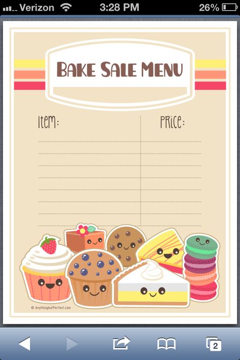 Bake sale menu idea Kids Bake Sale, Bake Sale Sign, Bake Sale Poster, Fundraiser Bake Sale, Bake Sale Desserts, Bake Sale Flyer, Bake Sale Treats, Bake Sale Packaging, Cake Stall