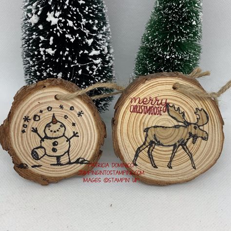 Stampin Up Wooden Ornaments, Stamping On Wood, Stamping On Wood Slices, Wood Burning Ornament, Diy Wood Slice Ornaments, Wood Discs Crafts, Wood Discs, Wood Cookies, Happy Rock