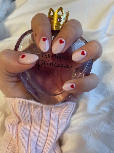 Dainty Heart Nails, Red Nails With Hearts, Red Heart Nails, Cute Valentines Nails, Red Tip Nails, Nice Hands, Brown Acrylic Nails, Vday Nails, Themed Nails