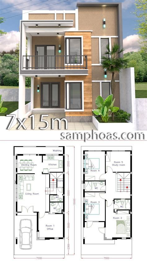 4 Bedroom Home Design Plan 7.5x9m - SamPhoas Plansearch 5 Bedroom House Plans, Two Story House Design, 2 Storey House Design, Two Story House, Casa Country, Duplex House Plans, Simple House Design, House Construction Plan, House Layout Plans