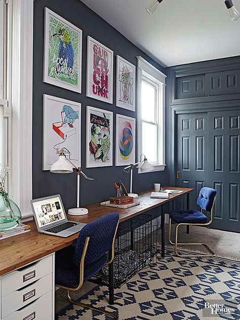 Keep the eye moving over the entire space as a whole by painting the doors and trim the same color as your walls. Shared Home Office Ideas, Unique Paint Colors, Shared Home Office, Blue Home Offices, Small Office Design, Farrow And Ball Paint, Versace Home, Small Home Office, Home Office Space