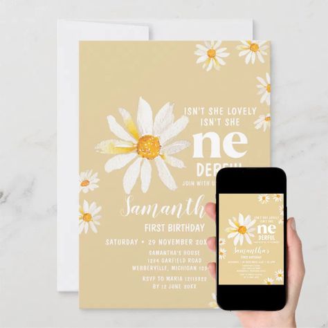 Yellow Daisy Flowers Isn't She Onederful Birthday Invitation  Zazzle Isn't She Onederful Birthday, Isn't She Onederful, Onederful Birthday Invitation, Floral 1st Birthday, Daisy Invitations, Onederful Birthday, Daisy Baby Shower, Party Themes For Boys, Retro Daisy