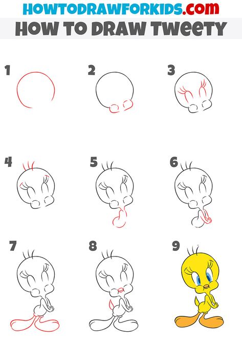 how to draw Tweety step by step Tweety Drawing Easy, Tweety Bird Drawing Easy, How To Draw Tweety Bird Step By Step, How To Draw Tweety Bird, Cartoon Drawings Disney Step By Step, Cute Cartoon Drawings Step By Step, How To Draw Betty Boop Step By Step, How To Draw Cartoon Step By Step, How To Draw Eeyore Step By Step