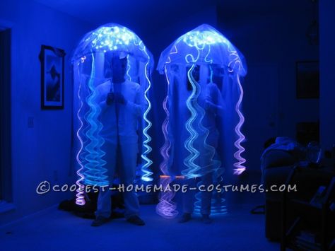 http://www.coolest-homemade-costumes.com/prizewinning-homemade-glowing-jellyfish-costumes/ Jellyfish Costumes, Umbrella Jellyfish, Jellyfish Halloween, Battery Powered Christmas Lights, Glowing Jellyfish, Diy Jellyfish, Jellyfish Costume, Jellyfish Light, Fish Costume