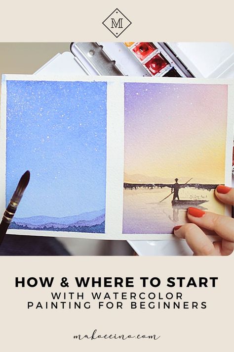 How & Where to Start with Watercolor Painting for Beginners | Makoccino Feeling lost on where to begin with watercolor painting? In this blog post, I'll show you how and where to start! Discover essential watercolor supplies, basic techniques, and two simple step-by-step tutorials. Click to simplify your watercolor journey and get excited about this fun medium! #watercolorbeginners #watercolorpainting #watercolortutorial #watercolortips #watercolorforbeginners Beginning Watercolor Tutorials, Best Watercolor Paper, Beginning Watercolor, Best Watercolor Brushes, Watercolor Painting For Beginners, Basic Painting, Watercolor Supplies, Watercolor Beginner, Watercolor Mixing