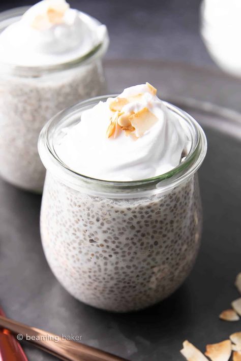 Delicious coconut chia seed pudding that packs creamy, luscious texture and divinely sweet coconut flavor. Made with just 5 ingredients! | Recipe at BeamingBaker.com Coconut Chia Seed Pudding, Chia Pudding Recipes Healthy, Apple Smoothie Recipes, Toasted Coconut Chips, Oatmeal Coconut Cookies, Keto Chia Pudding, Chia Pudding Recipe, Chia Seed Recipes Pudding, Chia Recipe