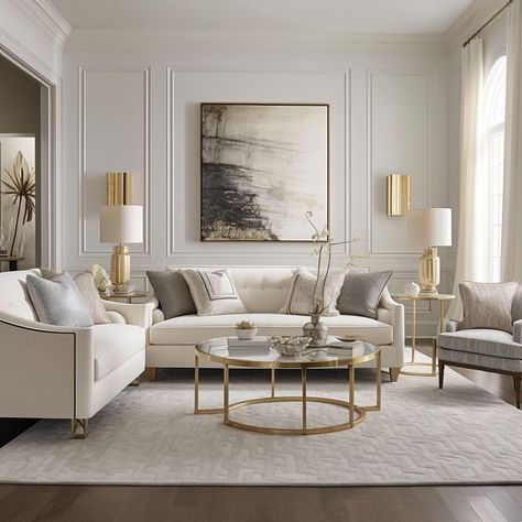 White home furniture in this living room reflects a harmonious blend of modern and classical. Classic Interior Design Living Room, Modern Classic Living Room, Neoclassical Interior, Classic Living Room, Living Room Design Decor, White Living Room, Living Room White, Living Room Inspo, Formal Living Rooms