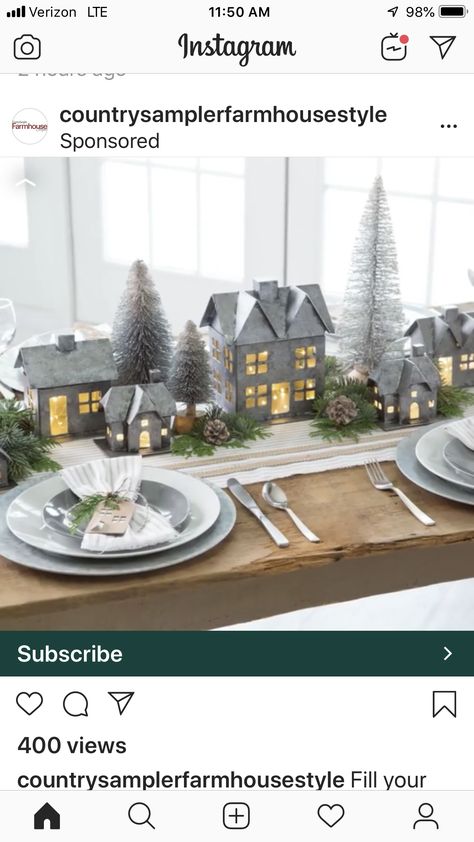 Christmas Village On Dining Table, Christmas Village Table Centerpiece, Farmhouse Christmas Tree Ideas 2022, Christmas Village Centerpiece, Rustic Farmhouse Decor Living Room, Farmhouse Christmas Tree Ideas, Christmas Table Centrepiece, Church Christmas Party, Christmas Centers