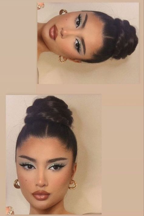 Clean And Expensive Hairstyles, Makeup With Gray Dress, Baddie Formal Outfits, Old Hollywood Updo Hairstyles, Baddie Insta Stories, Timeless Nails Classy, Hollywood Glam Updo, Bun With Tendrils, Ig Baddie Hairstyles