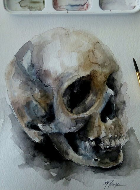 How To Paint A Skull, Skull Painting Aesthetic, Skull Reference Painting, Watercolor Dark Art, Skull Art Painting, Skulls Gcse Art, Scary Watercolor Paintings, Skull Painting Ideas, Creepy Watercolor Art