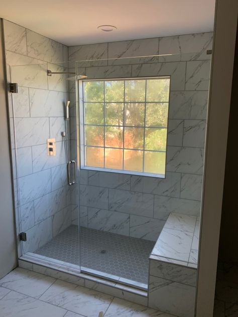 Large Window In Shower Solution, Large Walk In Shower With Window, Master Shower With Window, Showers With Windows, Showers With Windows In Them, Standup Shower Ideas, Shower With Window, Mom Bathroom, Large Shower Tile