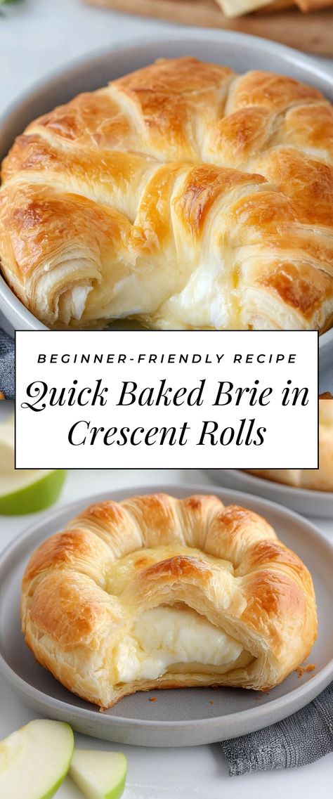 Image for Quick Baked Brie in Crescent Rolls Brie En Croute Crescent Rolls, Brie In Crescent Roll Baked, Brie And Jam Appetizer Crescent Rolls, Crescent Roll Brie Recipes, Baked Brie Pillsbury Crescent Rolls, Cream Cheese Crescent, Brie And Crescent Rolls, Brie Wrapped In Crescent Rolls, Brie Crescent Roll Baked