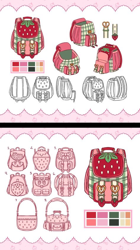 Strawberry Shortcake Backpack, Bag Drawing Design, Strawberry Outfit Drawing, Backpack Design Ideas, Strawberry Shortcake Crochet, Sew Backpack, Strawberry Shortcake Aesthetic, Strawberry Witch, Backpack Illustration