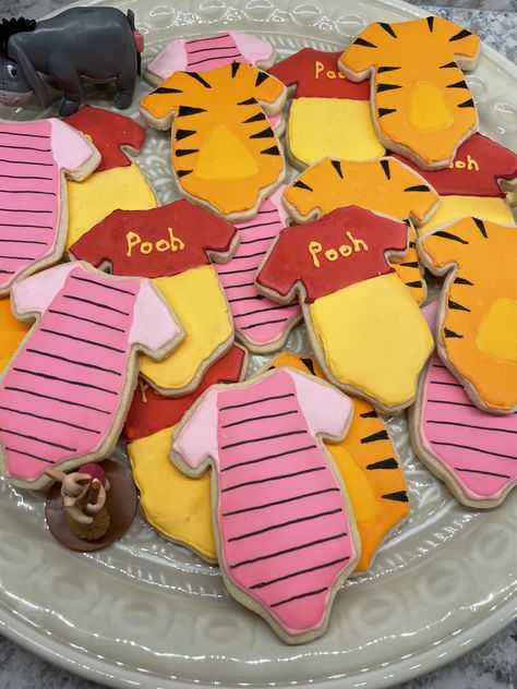 Winnie The Pooh Royal Icing Cookies, Pooh Decor, Tiger Cookies, Winnie The Pooh Decor, Baby Cupcakes, Onesie Cookies, Pooh Party, Baby Cupcake, Bear Cookies