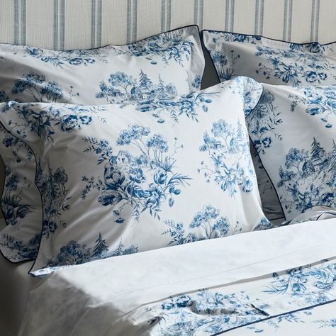 Eloise Toile Duvet and Shams | Williams Sonoma Toile Duvet Cover, Toile Floral Bedding, Jardin Toile Bedding, Williams Sonoma Furniture, Blue And White Floral Bed Sheets, Blue Flower Duvet Cover, Dining Table Guide, Adams Homes, Resource Room