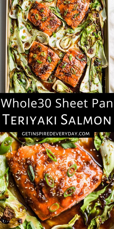 This Healthier Sheet Pan Teriyaki Salmon is super easy to make and there's no refined sugar in the homemade teriyaki sauce! It's naturally gluten free, dairy free, paleo, and Whole30 as well. It even works with chicken thighs for those who aren't crazy about salmon, so everyone at the table can love dinner! Baked Teriyaki Salmon, Salmon Teriyaki Recipe, Whole30 Dinner, Whole30 Dinner Recipes, Easy Sheet Pan Dinners, Whole30 Dinners, Teriyaki Salmon, Teriyaki Sauce, Sheet Pan Dinners