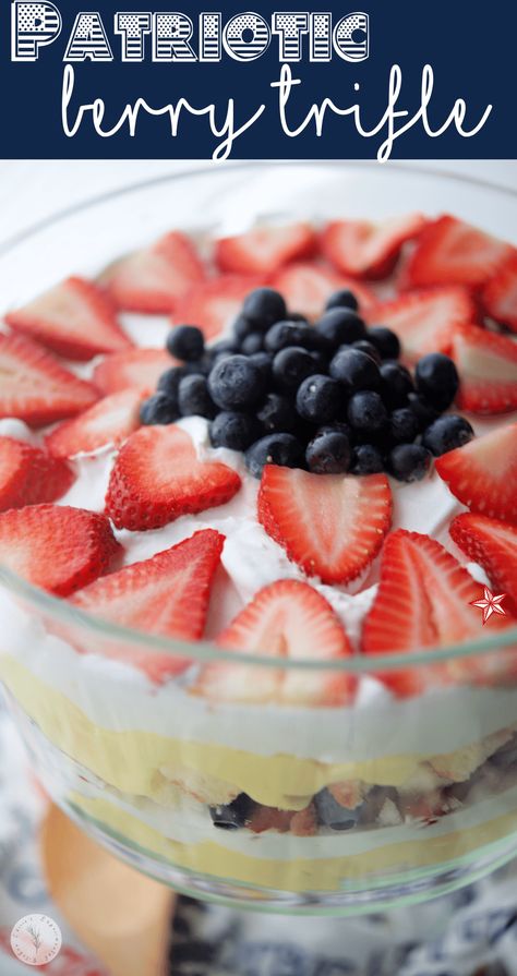 This no bake Patriotic Berry Trifle made with butter poundcake, vanilla pudding, whipped topping, fresh strawberries and blueberries is perfect for those Summer holiday gatherings. Blueberry Vanilla Pudding Dessert, Berry Trifle With Vanilla Pudding, Summer Trifle Desserts, Vanilla Pudding Desserts, Summer Trifle, Blueberry Trifle, Trifle Bowl Recipes, Trifle Recipes, Strawberry Trifle