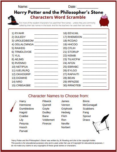 Harry Potter word scramble featuring 30 characters from the first Harry Potter novel: 'Harry Potter and the Philosopher's Stone.' (Or you may know it as 'Harry Potter and the Sorcerer's Stone' if you are from the USA.) This is a free printable PDF word scramble intended for educational purposes and is suitable for children, teens and adults: "Potterheads" of all ages! If you like this you may also like the Harry Potter word search puzzle on my website. #harrypotter #wordscramble #wordpuzzles Harry Potter Word Search Printable, Harry Potter Trivia Questions Printable, Harry Potter Activity Sheets, Harry Potter Worksheets For Kids, Harry Potter Activites, Harry Potter Word Search, Harry Potter Words, Harry Potter Activities, Classe Harry Potter