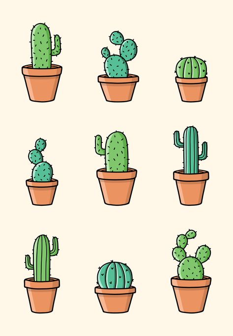 Cactus In Pot Drawing, Cute Cacti Drawing, Plants Cartoon Drawing, Tiny Stickers To Print, Cute Cactus Drawing Kawaii, Cactus Illustration Cute, Plant Pot Illustration, Plant Cartoon Drawing, Potted Plant Doodles