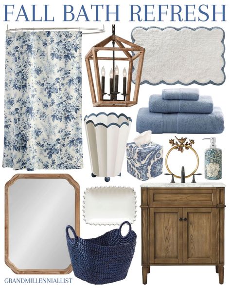 Hollis Ditsy Stripe Drapery Panel curated on LTK Bathroom Blue Decor Ideas, Blue Tan And White Bathroom, Blue And White Floral Bathroom, Light Blue And Cream Bathroom, Charleston Bathroom Ideas, Southern Beach House Decor, Blue Tan Bathroom, Blue Floral Bathroom, Cornflower Blue Decor