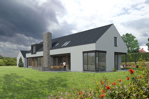 Kilcogy House is the re-imagining the traditional long house, creating a contemporary farmhouse in tune with the open landscape that surrounds it. The long house, from which the design takes reference, is prevalent in rural Co. Cavan Irish House Plans, Dormer House, Contemporary Bungalow, Open Landscape, House Designs Ireland, Modern Bungalow Exterior, Bungalow Ideas, Irish Houses, Self Build Houses