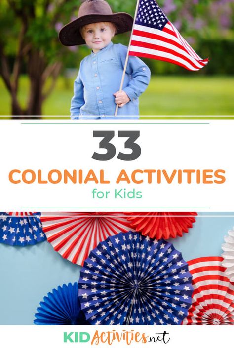 A collection of 33 colonial activities for kids. These activity ideas are great for entertaining and teaching about the early settlement of America. Colonial Theme Party, Colonial Activities For Kids, Pioneer Activities For Kids, Colonial Times Activities, History Crafts For Kids, Colonial America Activities, Colonial Food, Colonial Activities, Colonial Games