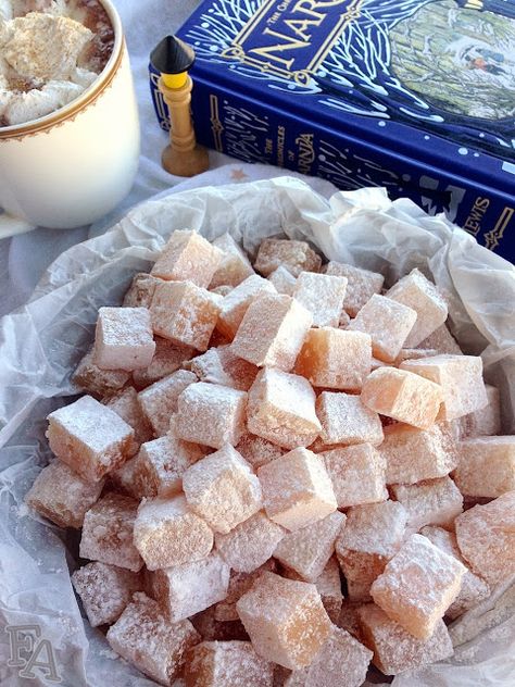 Food Adventures (in fiction!): Turkish Delight from The Lion, the Witch, & the Wardrobe Narnia Turkish Delight, Edible Flowers Recipes, Sparkling Snow, Wedding Table Signs, Tabletop Signs, Turkish Delight, Eat Dessert First, Food Themes, Sweet Breakfast