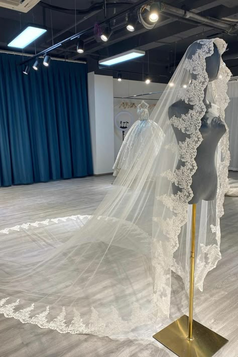 Ostty Matching Veils Custom Made Service – OSTTY Mermaid Dress With Cathedral Veil, Lace Wedding Veil Long, Bridal Long Veil, Gorgeous Wedding Veils, Long Beautiful Veils, Regal Wedding Veil, Long Veil Wedding Cathedrals, Cathedral Style Wedding Dress, Long Wedding Train And Veil