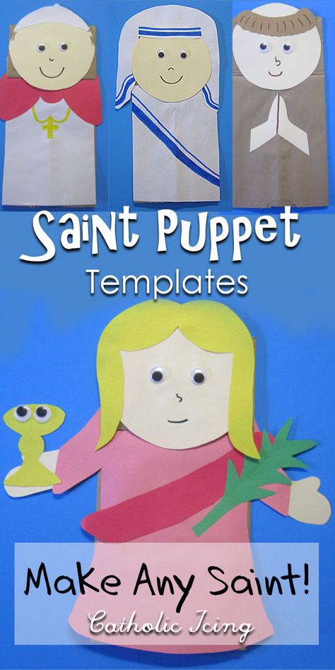 Saint Puppet Templates- You can make and Saint you want with these versatile Saint puppet templates! This is the perfect craft for Catholic kids for All Saints' day or nearly any feast or season! #catholicicing #catholiccraft #catholickids #liturgicalliving #catholic #saints #allsaintsday #allsaints #saintsforkids All Saints Day Crafts For Kids, All Saints Day Preschool, Catholic Halloween Crafts, Saint Crafts For Kids, Catholic Schools Week Crafts Preschool, All Saints Day Crafts, All Saints Day Ccd Activities, All Saints Day Activities For Kids, Religious Crafts For Kids