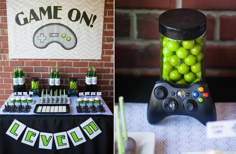 video game birthday. :3 Video Game Themed Birthday Party, Snack Area, Xbox Party, Game Truck Party, Gaming Birthday, Gaming Party, Gamer Party, Video Games Birthday Party, Gamer Birthday