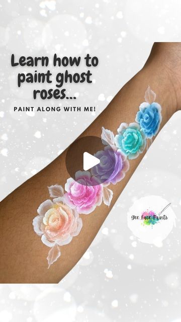 Face Paint Brush Strokes, Roses Face Paint, Face Paint Rose, Face Paint Videos, Rose Face Painting, Rose Face Paint, Ghost Leaves, Face Painting Practice, Flower Face Paint