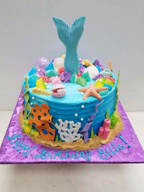 Ocean themed cake with 3D mondant mermaid tail standing up on top of cake, with fondant accents, chocolate shells, graham cracker, and buttercream rosettes Ocean Themed Cake, Buttercream Rosettes, Cake With Fondant, Chocolate Shells, Mermaid Cakes, Games Box, Glitter Cards, Graham Cracker, 9th Birthday