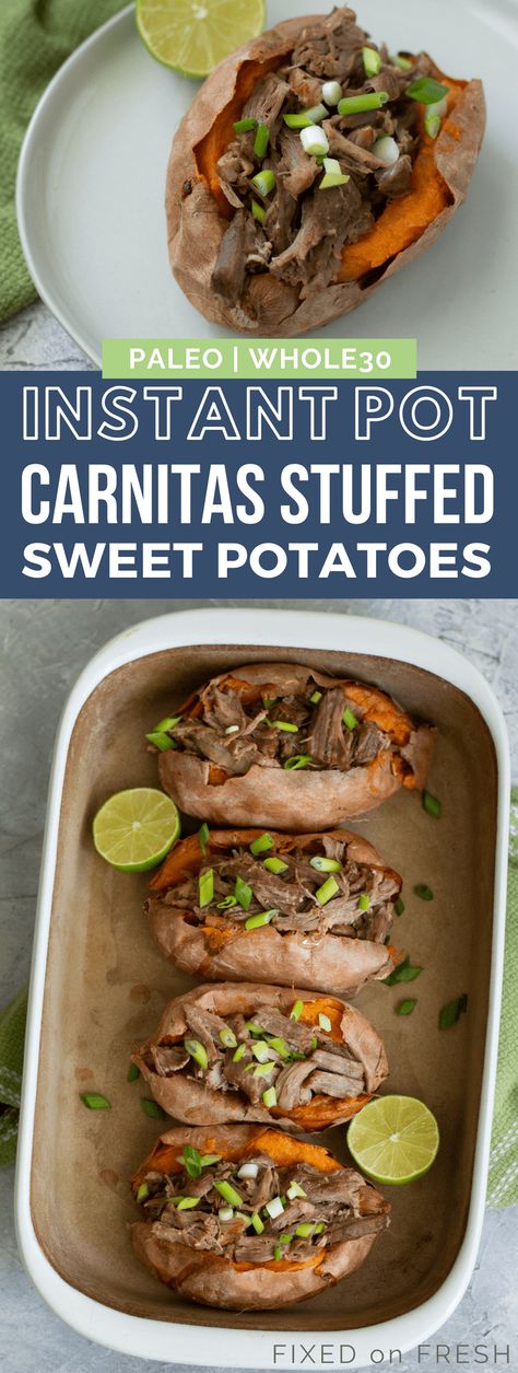 Instant Pot Carnitas Stuffed Sweet Potatoes is a healthy make ahead meal for healthy meal prep moms with no time! It's also a great budget instant pot meal with tons of protein. Healthy Meal Prep Lunch, Instant Pot Pork Carnitas, Instant Pot Carnitas, Crockpot Meal Prep, Paleo Crockpot Recipes, Healthy Pork Recipes, Pork Shoulder Recipes, Meal Prep Lunch, Paleo Meal Prep