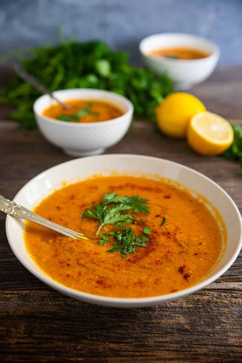 A delicious Moroccan style red lentil soup that's ready in 30 minutes. This soup is lemony and so flavorful thanks to the combination of the spices used in the recipe. Today I'm sharing a recipe for a delicious red lentil soup that's creamy and easy to make. Follow along to learn how to make this recipe and even put your own twist on it. Healthy Soup Ideas, Soup Dinner Recipes, Dinner Recipes Soup, Soup Recipes Easy, Soup Recipes Healthy, Moroccan Lentil Soup, Moroccan Soup, Red Lentil Recipes, Healthy Soup Recipe