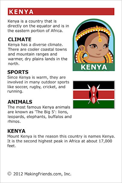 MakingFriends Facts about Kenya Printable Thinking Day fact card for our passports. Perfect if you chose Kenya for your Girl Scout Thinking Day or International Night celebration. Facts About Countries, Facts About Africa, Country Study, Kenya Flag, Around The World Theme, Country Studies, Teaching Geography, Homeschool Geography, World Thinking Day