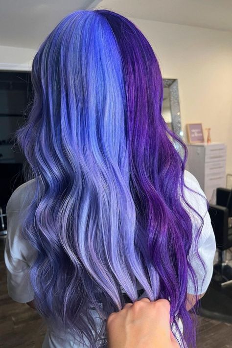 #splitdye #purplehair #trendysplitdye #colorcombination #hairtransformation #hairinspo #purplehairdye Purple Split Dye, Angel Colors, Split Dye Hair Ideas, Dye Hair Ideas, Periwinkle Hair, Split Dye Hair, Half And Half Hair, Split Dye, Split Dyed Hair