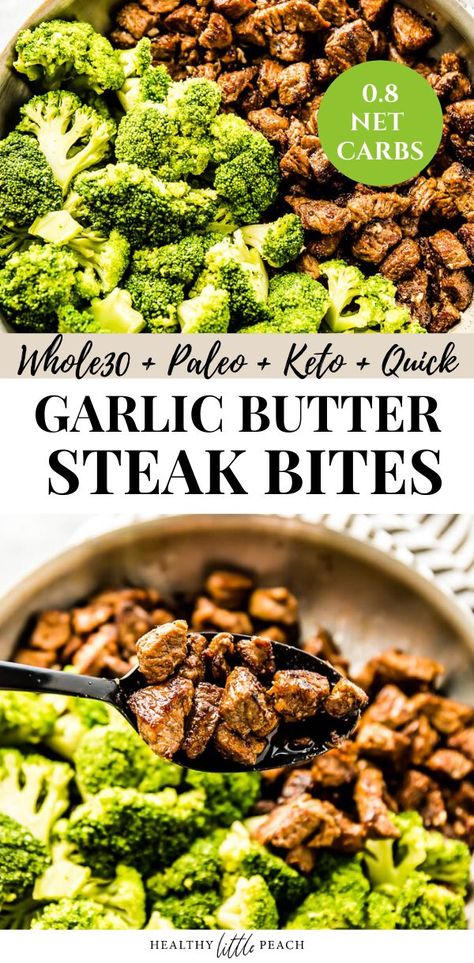 These juicy Garlic Butter Steak Bites are seared to perfections and covered with ghee, minced garlic and salt/pepper. If you are looking for the perfect Whole30, Paleo and Keto lunch or dinner, look no further. Simply serve with your favorite steamed or roasted veggie and you have yourself a complete meal. Keto Garlic Steak Bites, Healthy Garlic Steak Bites, Steak Bites And Veggies, Steak And Veggies Dinner, Steak Bites Keto, Keto Steak Bites, Peach Healthy, Garlic Butter Steak Bites, Butter Steak Bites