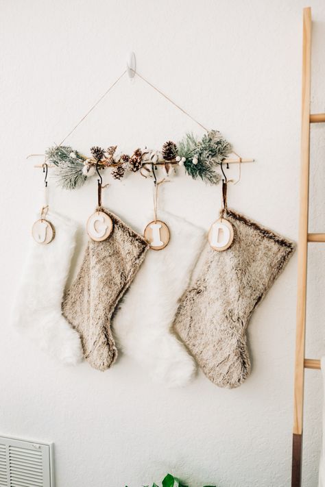 Christmas Socks Hanging Ideas, Stocking Holders No Mantle, Stocking Hanger Alternative, Hang Christmas Stockings Ideas, Boho Stocking Holder, Non Fireplace Stocking Ideas, Where To Hang Stockings Without A Fireplace, Command Hook Stocking Holder, Christmas Decor Stocking Ideas