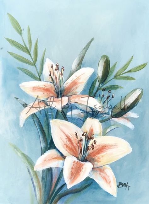 Flower Painting Acrylic Aesthetic, Painting Lillies Acrylic, Drawing Lillies Flowers, Painted Lily, Lily Painting Acrylic Easy, Lily Paintings, Lily Drawings, Lily Painting Acrylic, Tiger Lily Painting