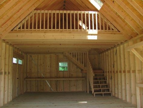 She shed with loft and staircase at back of shed. She Shed With Loft, Loft Railing, Shed With Loft, Railing Designs, Garage Loft, Railing Ideas, Shed Home, Homes Ideas, Deck Railing