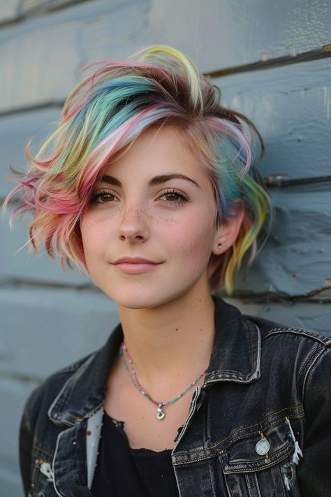 Short Hair Pastel Color, Rainbow Hair Color Short Pixie, Rainbow Undercut Hair, Pastel Rainbow Hair Short, Vibrant Pixie Hair Color, Short Hair Rainbow, Rainbow Pixie Hair, Dyed Undercut, Pastel Pixie Hair