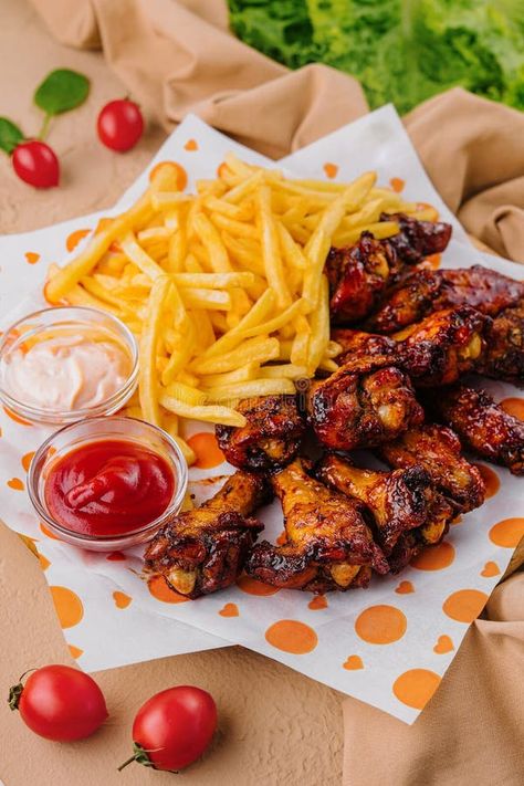 Bbq chicken wings with french fries and dips stock photo Wings With Fries, Food Potatoes, Juicy Grilled Chicken, Bbq Chicken Wings, Grilled Chicken Wings, Paper Image, Dipping Sauces, Fried Chicken Wings, Vector Character