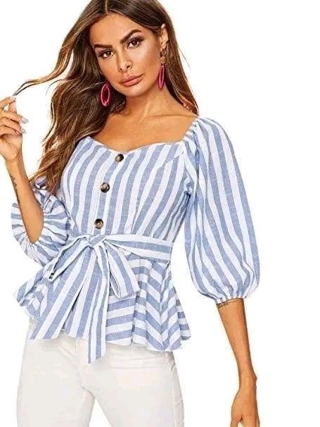 Áo Blu, Blouse Zara, White Shirt Outfits, Striped Peplum Top, Western Wear For Women, Blouse Sale, Blouse Tops, Bishop Sleeve, Peplum Blouse