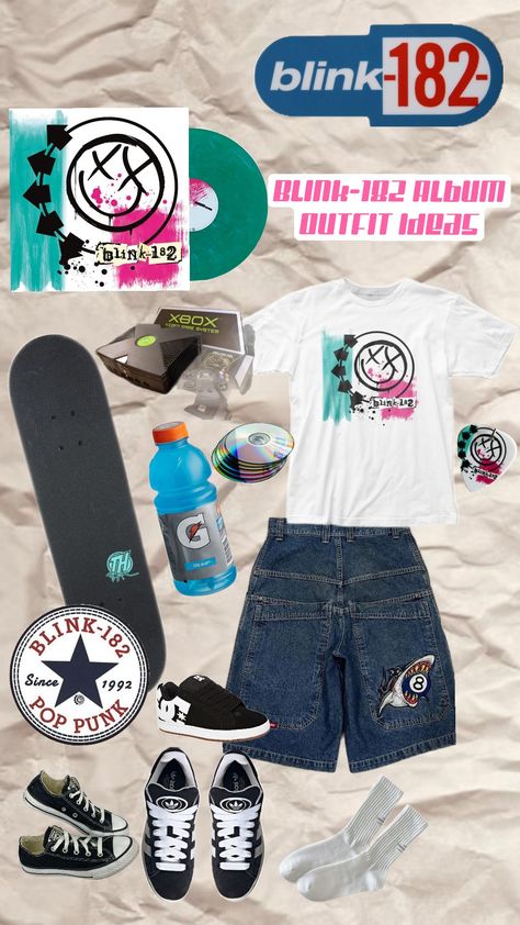 Blink-182 Album Outfit Ideas 💡🛹🤘 #blink182 #skateboard #foryou #blink182album #outfitidea #outfit #idea #music #album #punkrock #2000s Blink 182 Outfit Ideas, Blink 182 Outfit, Blink 182 Album, Blink 182 Albums, Blink 182, Pop Punk, Music Album, Outfit Idea, Punk Rock